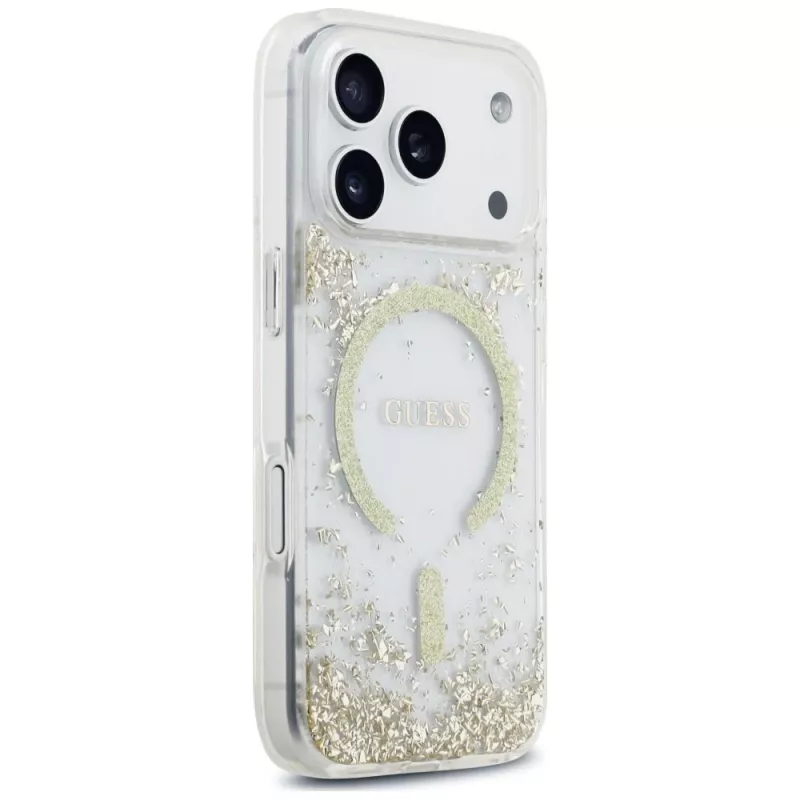 Guess Resin Bottom Glitter MagSafe -kotelo iPhone 18 Pro / 17 Pro, kulta