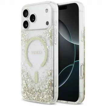 Guess Resin Bottom Glitter MagSafe -kotelo iPhone 18 Pro Max / 17 Pro Max, kulta