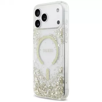 Guess Resin Bottom Glitter MagSafe -kotelo iPhone 18 Pro Max / 17 Pro Max, kulta