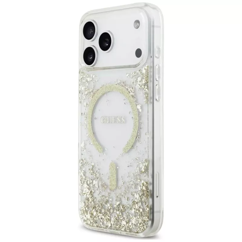 Guess Resin Bottom Glitter MagSafe -kotelo iPhone 18 Pro Max / 17 Pro Max, kulta
