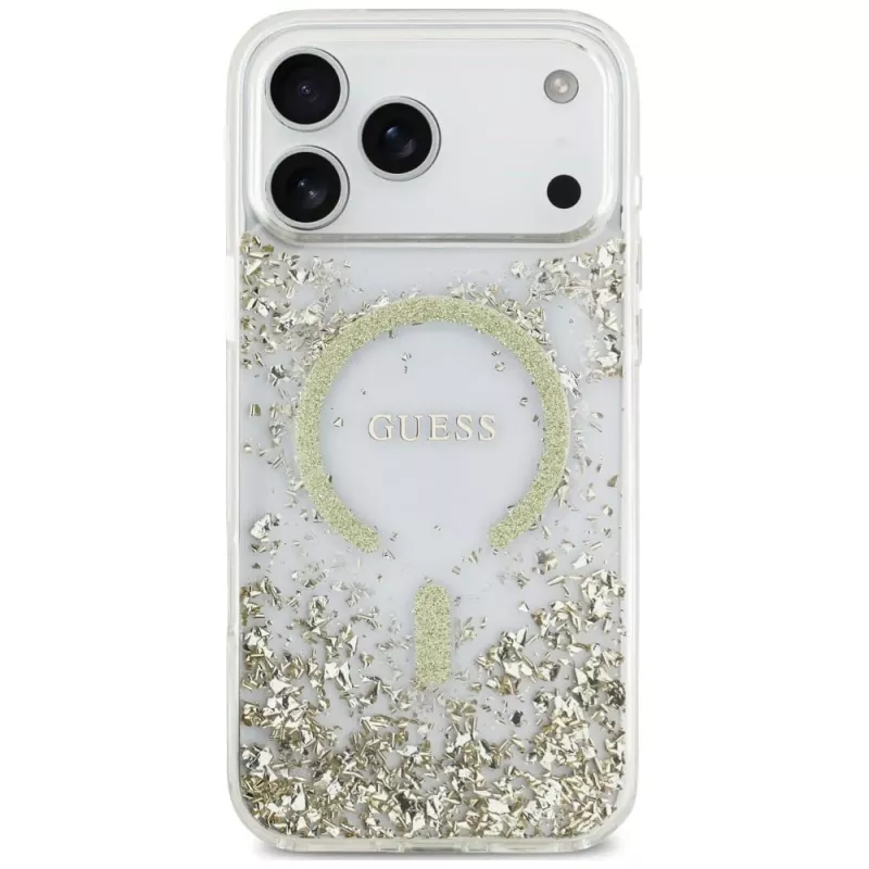 Guess Resin Bottom Glitter MagSafe -kotelo iPhone 18 Pro Max / 17 Pro Max, kulta