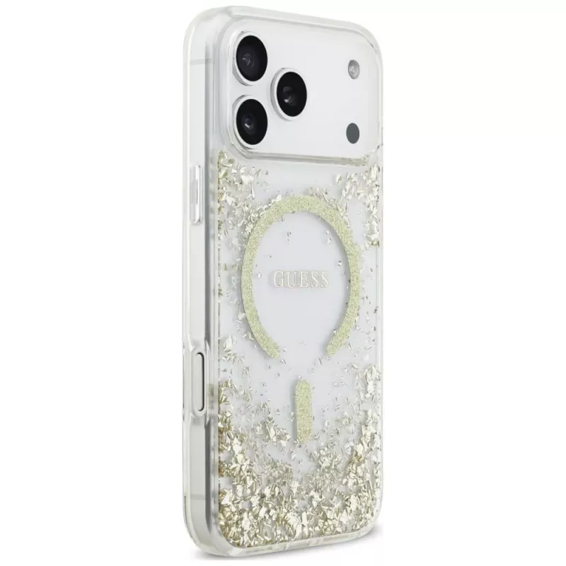 Guess Resin Bottom Glitter MagSafe -kotelo iPhone 18 Pro Max / 17 Pro Max, kulta
