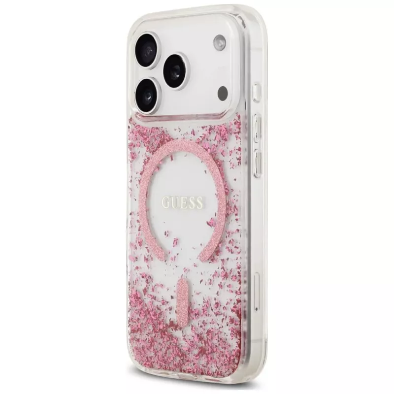 Guess Resin Bottom Glitter MagSafe -kotelo Apple iPhone 18 Pro / 17 Pro, pinkki