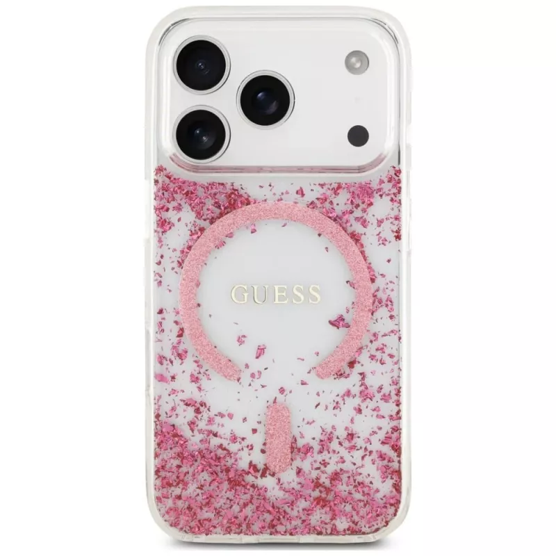 Guess Resin Bottom Glitter MagSafe -kotelo Apple iPhone 18 Pro / 17 Pro, pinkki