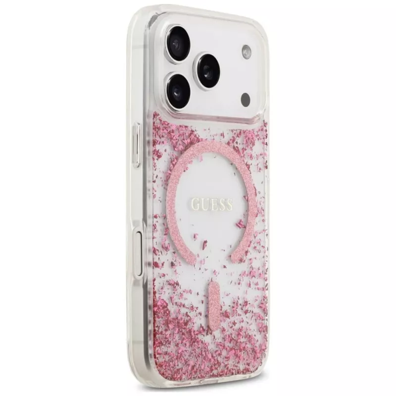 Guess Resin Bottom Glitter MagSafe -kotelo Apple iPhone 18 Pro / 17 Pro, pinkki
