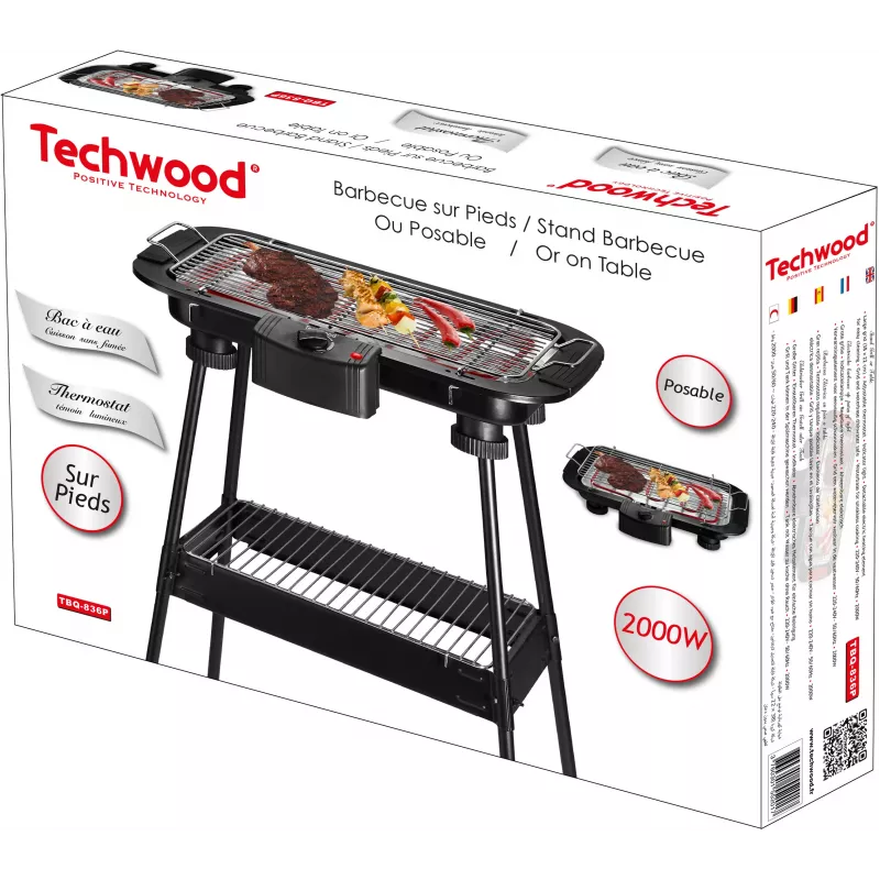 Techwood TBQ-836P sähkögrilli jalustalla, 2000W, 36,5 cm kromattu grilli, musta