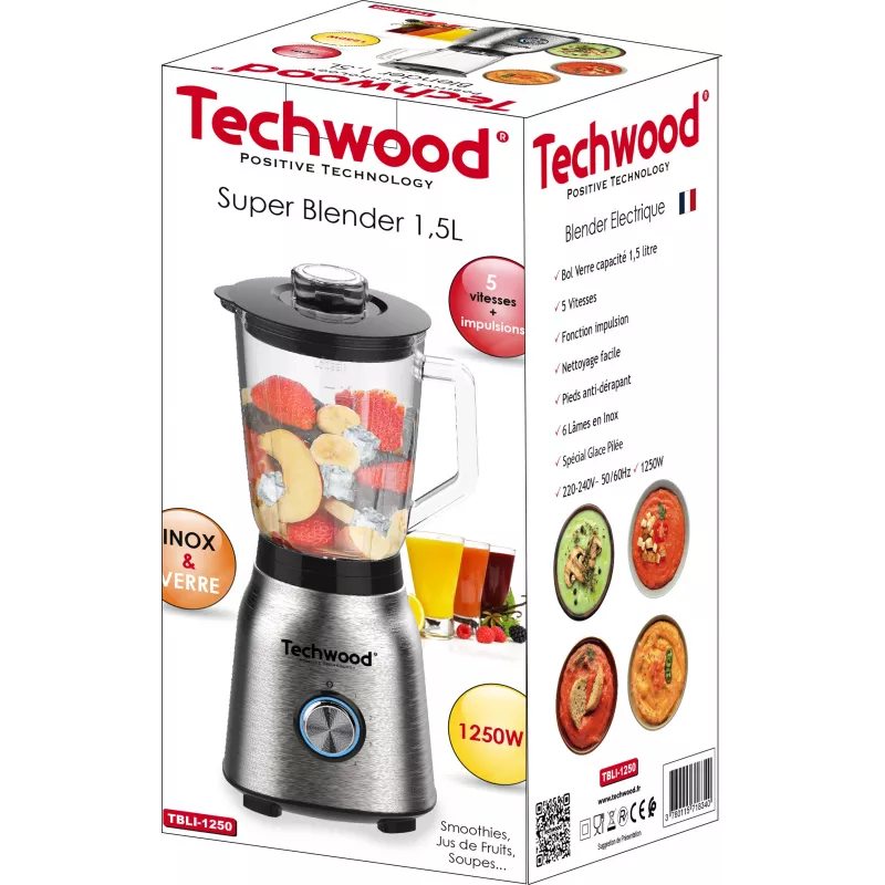 Techwood TBLI-1250 pöytäsekoitin 1200 W 1,5 L lasikannu musta/hopea