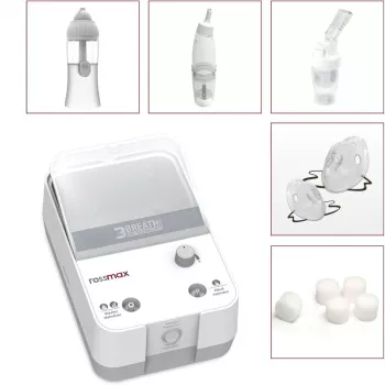 Rossmax NK1000 3-in-1 mäntäkompressori-sumutin nenähuuhtelulla ja imulaitteella, 2,5 μm hiukkaskoko, >80 % hienojakoinen annos, 0,35 ml/min sumutusnopeus, 5 ml lääkekuppi, 10 ml nenähuuhtelukapasiteetti, <60 dB ääni, jatkuva käyttö, aikuiset ja lapset