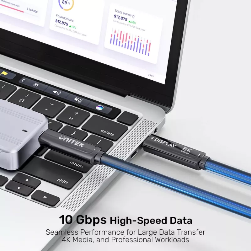 UNITEK USB-C aktiivinen optinen kaapeli 10m 10Gbps PD60W 8K@30Hz musta