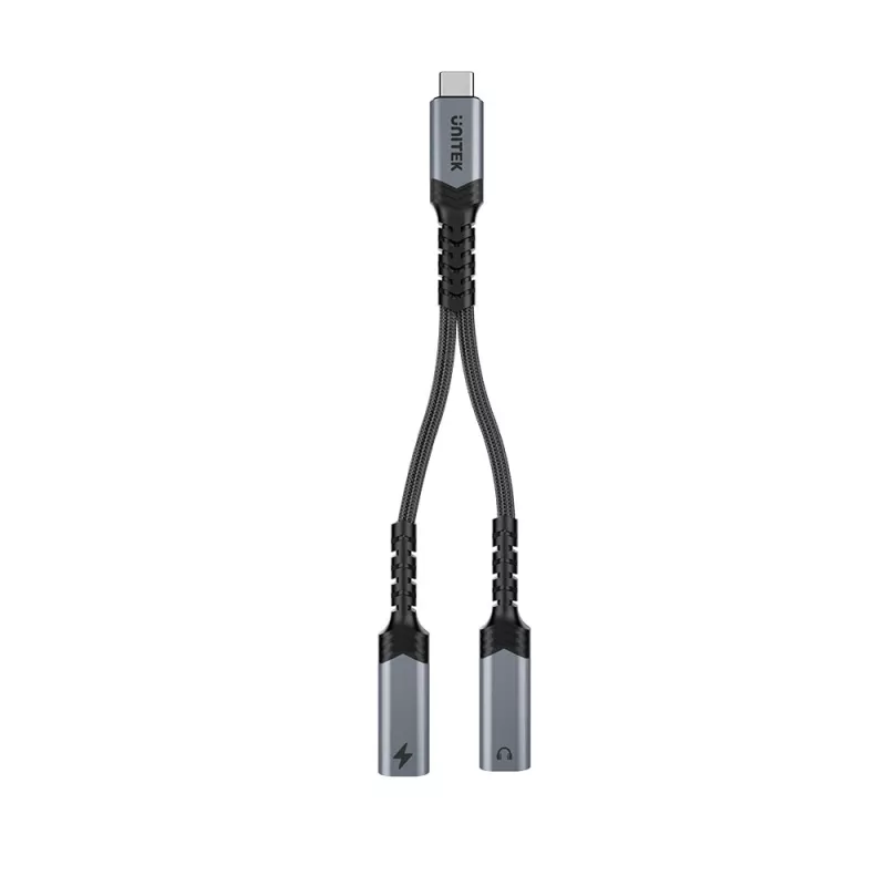 Unitek USB-C ääni- ja lataussovitin 60W Power Delivery, 15 cm, Space Grey