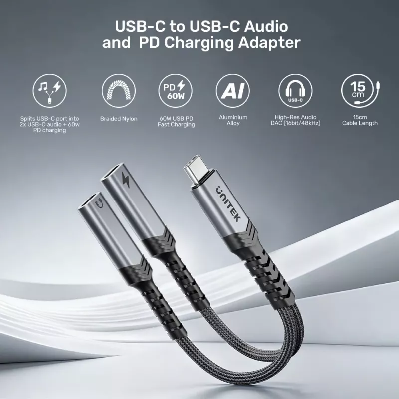 Unitek USB-C ääni- ja lataussovitin 60W Power Delivery, 15 cm, Space Grey