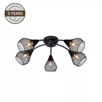 Bistro 5-liekinen kattovalaisin antiikkimessingillä E14-kannoilla, 5x40W max., lasivarjostimilla, kattoasennus