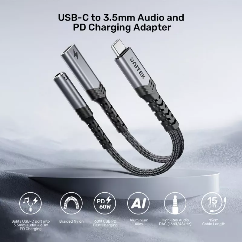 UNITEK USB-C - 3,5 mm äänisovitin PD:llä