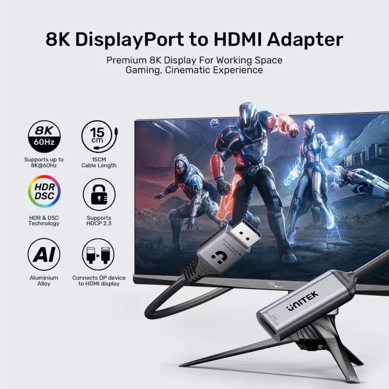 UNITEK DisplayPort - HDMI 2.1 -sovitin 8K@60Hz HDR 48Gbps 15cm
