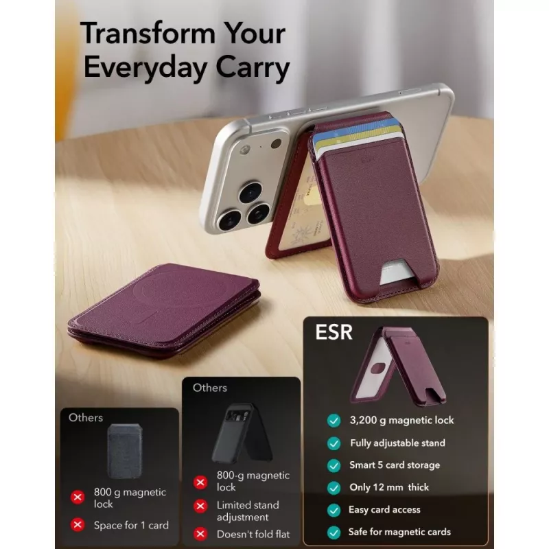ESR Classic RFID magneettinen lompakkoteline MagSafe tumman viininpunainen