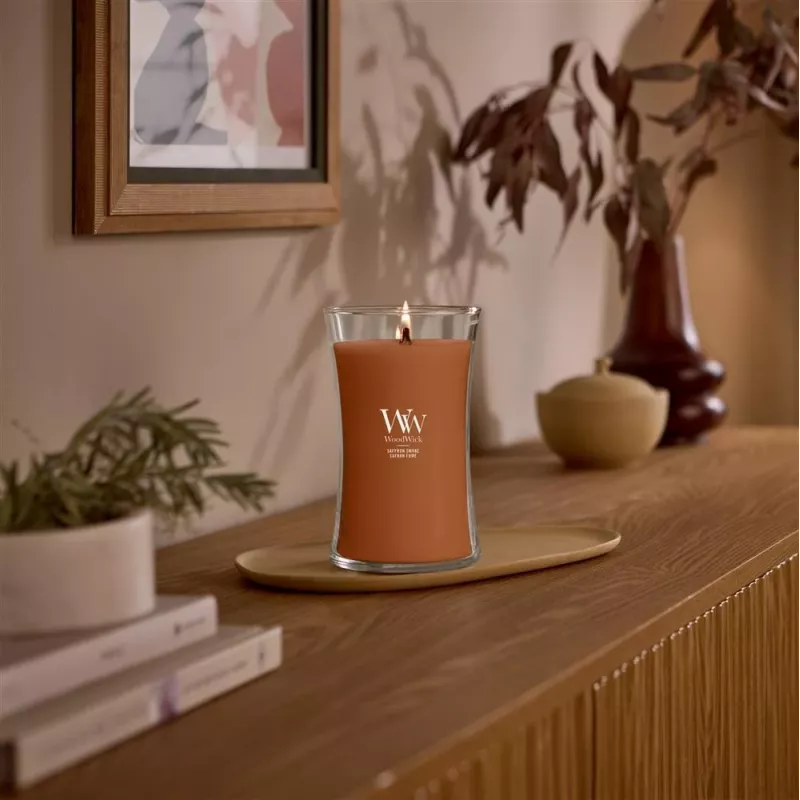 WoodWick Saffron Smoke suuri tiimalasilasi-kynttilä 609,5g