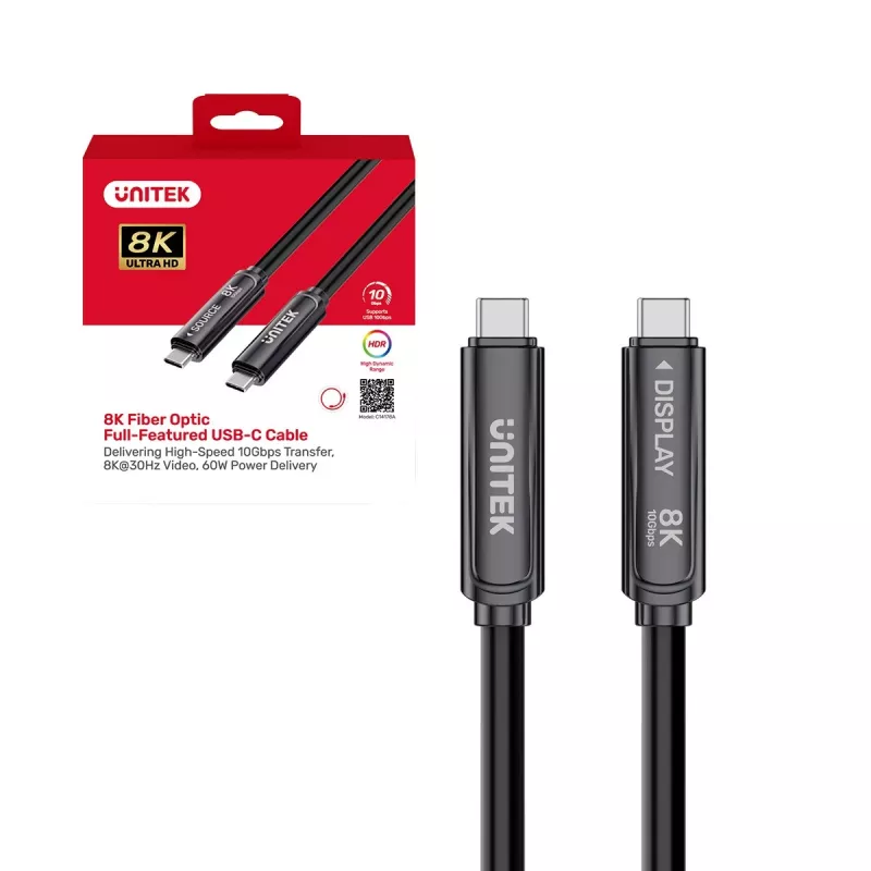 Unitek USB-C aktiivinen optinen kaapeli 10Gbps PD60W 8K@30Hz 12m musta