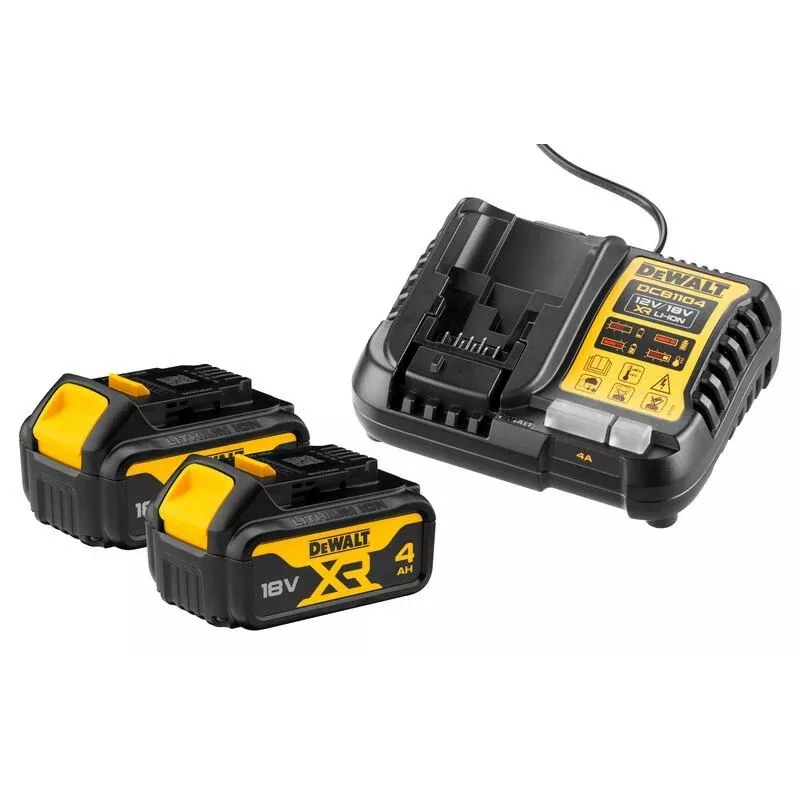DEWALT DCB1104 18V XR 4A laturi ja 2x 4.0Ah Li-Ion -akut setti
