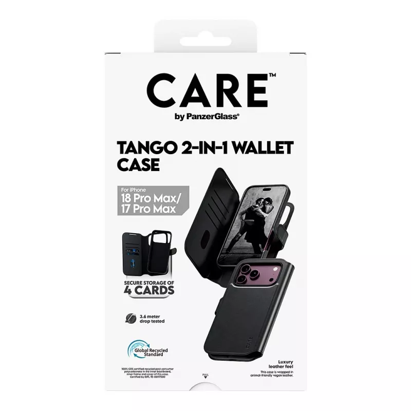 CARE by PanzerGlass Tango Flip Case Apple iPhone 17 Pro Max - MagSafe-yhteensopiva - vegaaninen nahka - musta