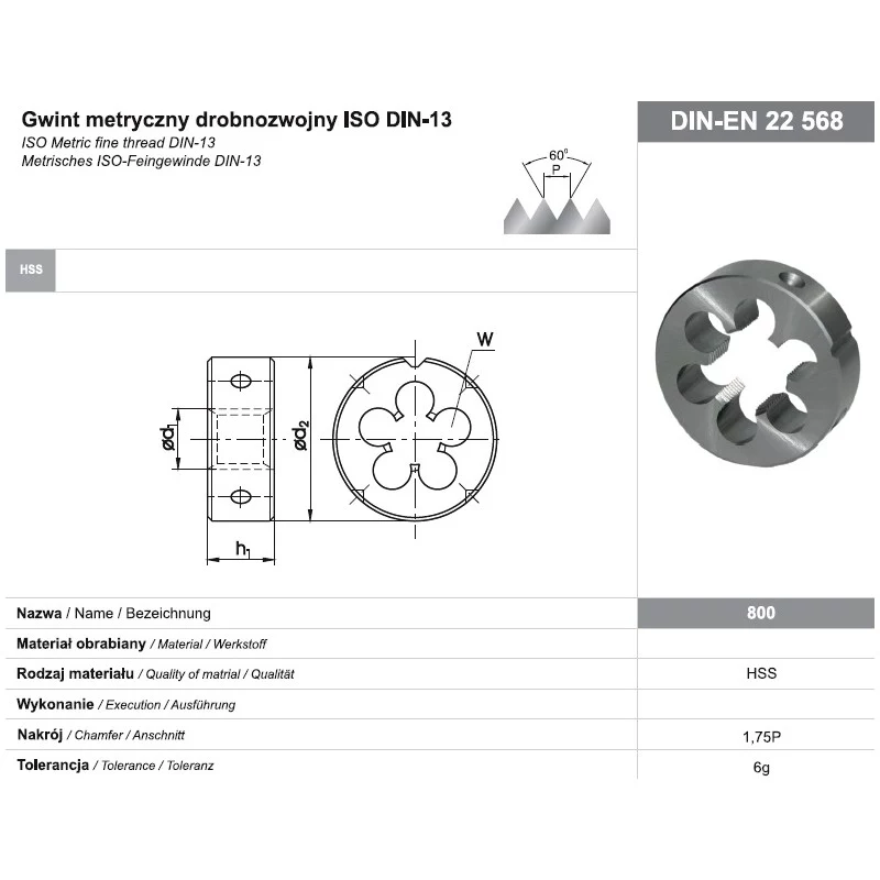 Pyöreä kierteitysleuka M16x1 DIN-22568 (6g) HSS 800