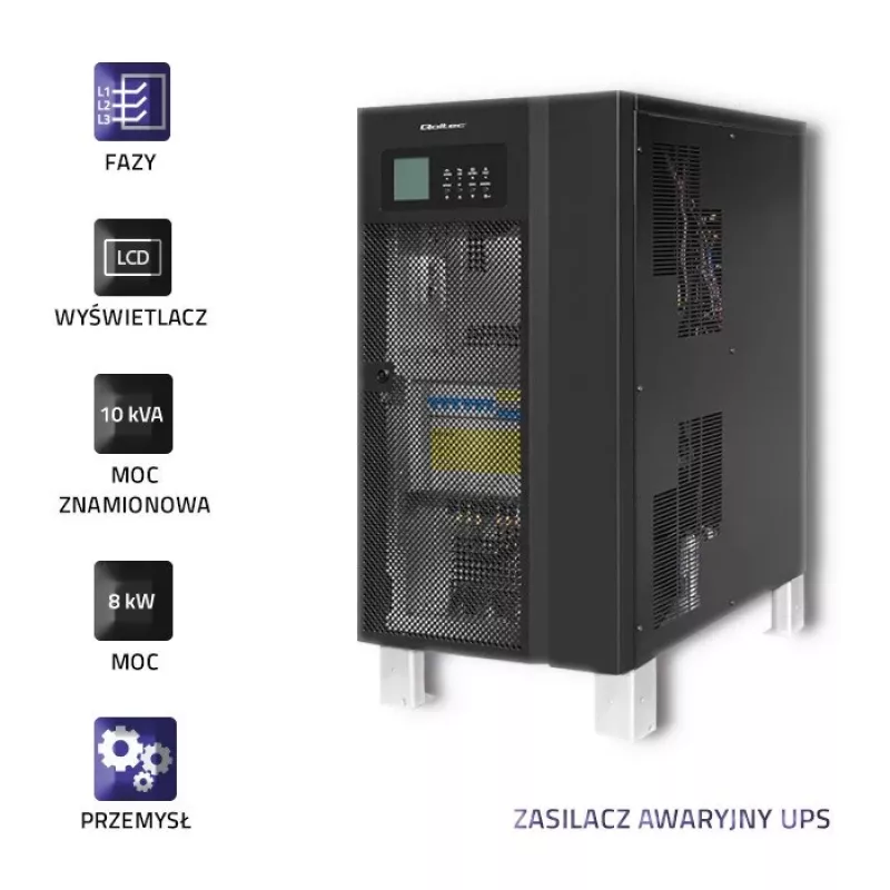 Qoltec 53948 3-vaiheinen online-kaksoismuunnos-UPS 10kVA 8kW LCD-näytöllä