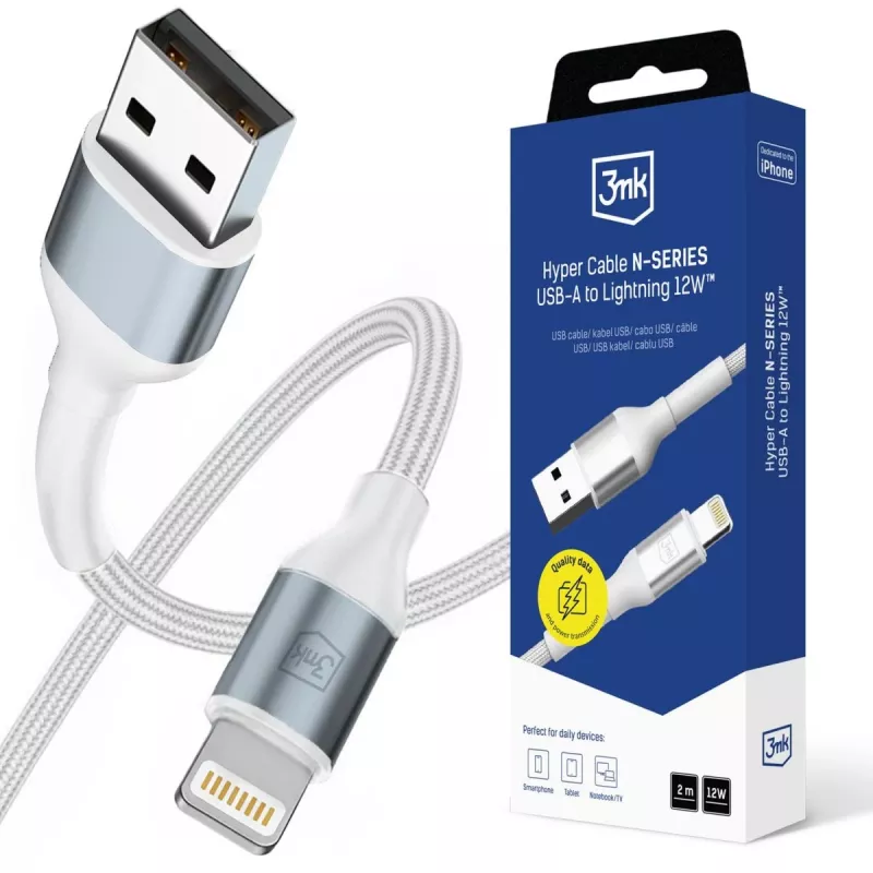 3mk Hyper Cable N-SERIES USB-A - Lightning 2m 5V/2.4A 12W valkoinen