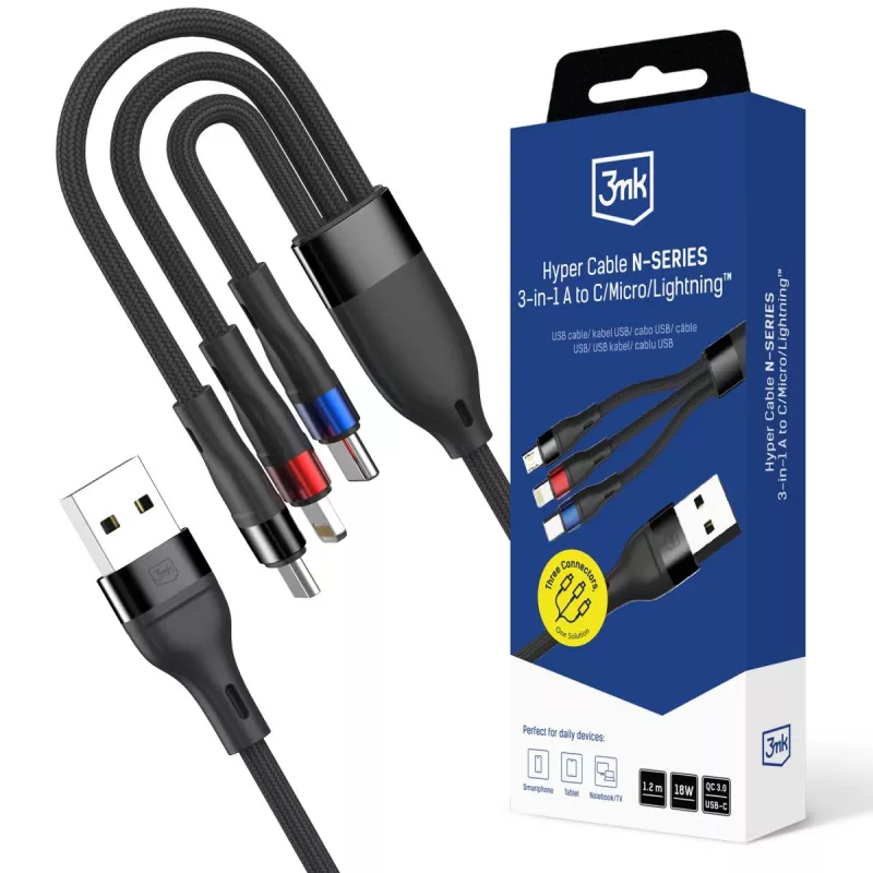 3mk Hyper Cable N-SERIES 3-in-1 USB-A - USB-C/Lightning/MicroUSB 1,2m 9V/2A 18W musta