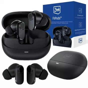 3mk FitPods BT 6.0 True Wireless Stereo -nappikuulokkeet latauskotelolla, Bluetooth 5.0, kosketusohjaus, IPX4, musta