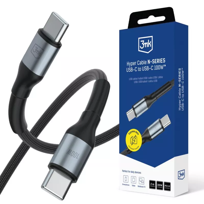 3mk Hyper Cable N-SERIES USB-C - USB-C 2 m 100W PD pikalataus- ja datakaapeli, musta