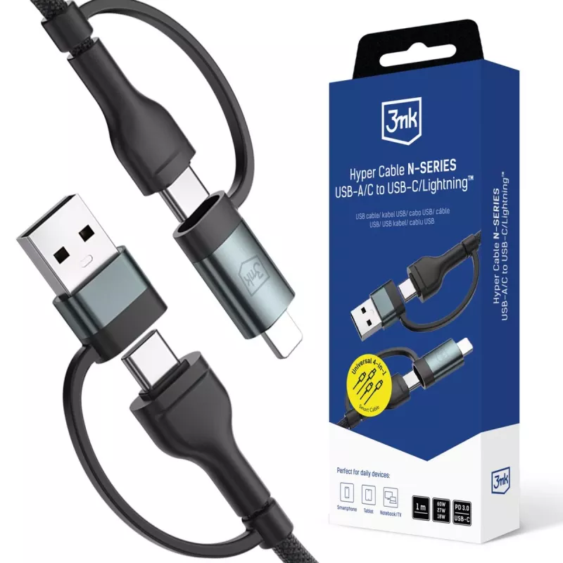 3mk Hyper Cable N-SERIES USB-A/USB-C - USB-C/Lightning 1,2 m 9V/2A 60W musta