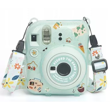 LOVEINSTANT suojakotelo Fujifilm Instax Mini 12 tarroilla ja kamerakassilla - vihreä kimallus