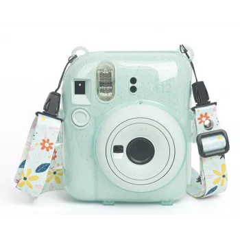 LOVEINSTANT suojakotelo Fujifilm Instax Mini 12 tarroilla ja kamerakassilla - vihreä kimallus