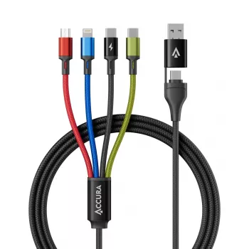 Accura 8-in-1 monilatauskaapeli USB-A/USB-C - 2x USB-C, Lightning, Micro USB, 3.0A, 1,2m, musta