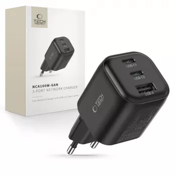 TECH-PROTECT NCA100W-GaN 3-porttinen GaN-virtalähde 100W PD 3.2 / QC3.0 musta
