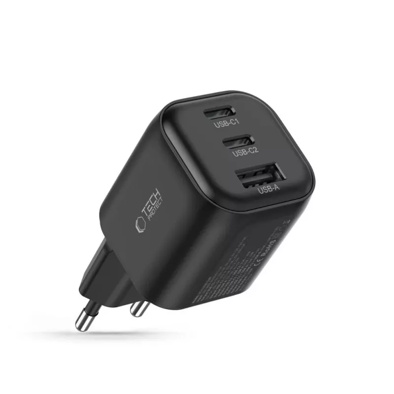 TECH-PROTECT NCA100W-GaN 3-porttinen GaN-virtalähde 100W PD 3.2 / QC3.0 musta