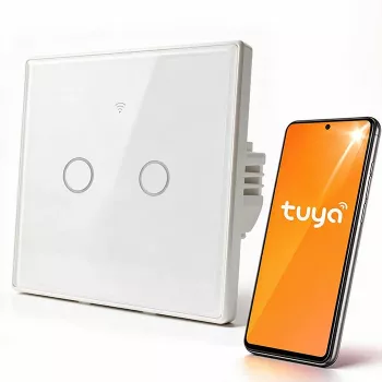 Qoltec 2-kanavainen kosketus älyvalokytkin Wi-Fi Tuya Smart Life karkaistu lasi valkoinen
