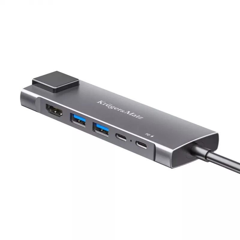 USB-C-keskitin moniporttinen adapteri HDMI 4K:lla, 2x USB 3.0, USB-C-data, 100W PD, gigabit Ethernet, space gray