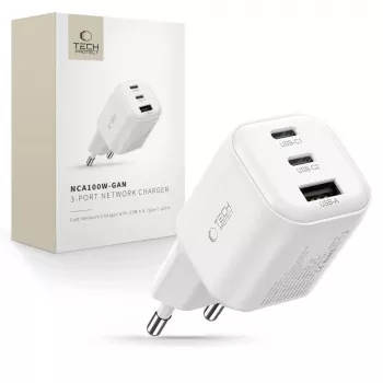 TECH-PROTECT NCA100W-GAN-AVS 3-porttinen GaN-verkkolaturi PD 3.2 100W / QC3.0 valkoinen