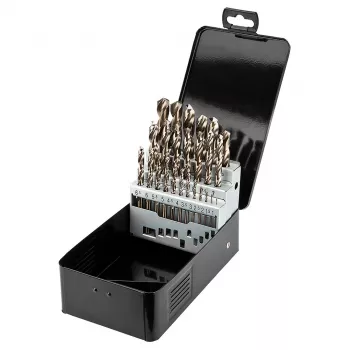 NEO TOOLS 25-osainen HSS-Co kobolttimetalliporanteräsarja, 1,0–13,0 mm, täyshiottu, 135° kärkikulma, DIN 338, metallikotelo