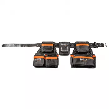 NEO TOOLS 84-330 ammattimainen työkaluvyö 12 taskulla, raskaan sarjan polyesteri, pikalukkosolkki, säädettävä 80-120 cm, musta/harmaa