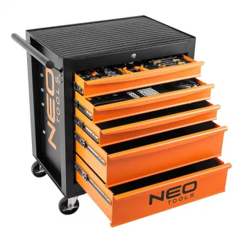 NEO TOOLS työkalukaappi, 5 laatikkoa + 117 työkalua, kuulalaakeroidut laatikon kiskot, keskuslukitus, 400 kg staattinen kuorma, musta