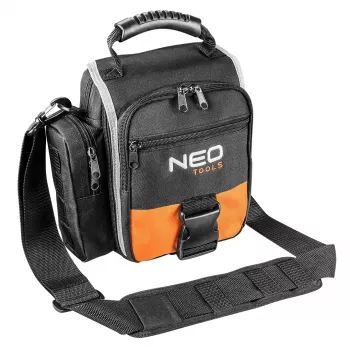 NEO TOOLS 84-315 työkalulaukku kahvalla, 15 kg kuormitus, 10 ulkotaskua, vedenpitävä pohja, musta/oranssi