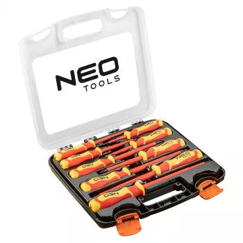 NEO TOOLS 04-142 1000V eristetty ruuvimeisselisarja, 9 osaa, VDE-sertifioitu, taltta, Phillips, Pozidriv, jännitteenkoetin, ergonomiset kaksikomponenttiset kahvat, magneettiset kärjet