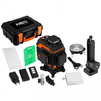 NEO TOOLS 75-140 3D-laserlinjavaa'itin, 12 vihreää linjaa, 3 x 360°, ladattava, mukana kantolaukku, kohdetaulu, magneettikiinnitys, laturi