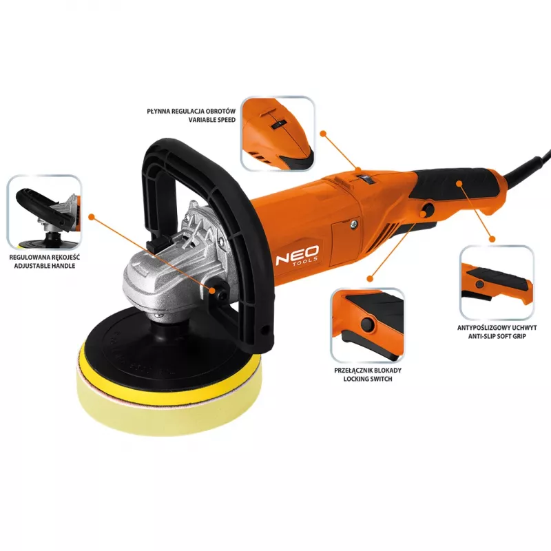 NEO TOOLS 04-701 kiertokiillotin 900W 150mm säädettävällä nopeudella ja pehmeällä käynnistyksellä