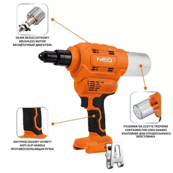 NEO TOOLS 18V E+ akkukäyttöinen niittipistooli (ilman akkua)