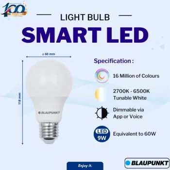 Blaupunkt E27 9W älykäs LED-lamppu A60 – Tunable White & RGB, Wi-Fi, Alexa/Google Assistant