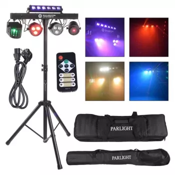 LIGHT4ME BEAM LASER STROBE LED PAR DERBY UV I - 4-in-1-monitehostevalo punaisella/vihreällä laserilla, UV:lla ja DMX-ohjauksella