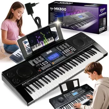 V-TONE MK800 kannettava opetuksellinen elektroninen keyboard, 61 kosketusdynaamista kosketinta, 300 ääntä, 300 rytmiä, 40 demokappaletta, LCD-näyttö, USB-MIDI, kuulokeliitäntä, mikrofonitulo, sustain-pedaalitulo, 2x5W kaiuttimet, musta