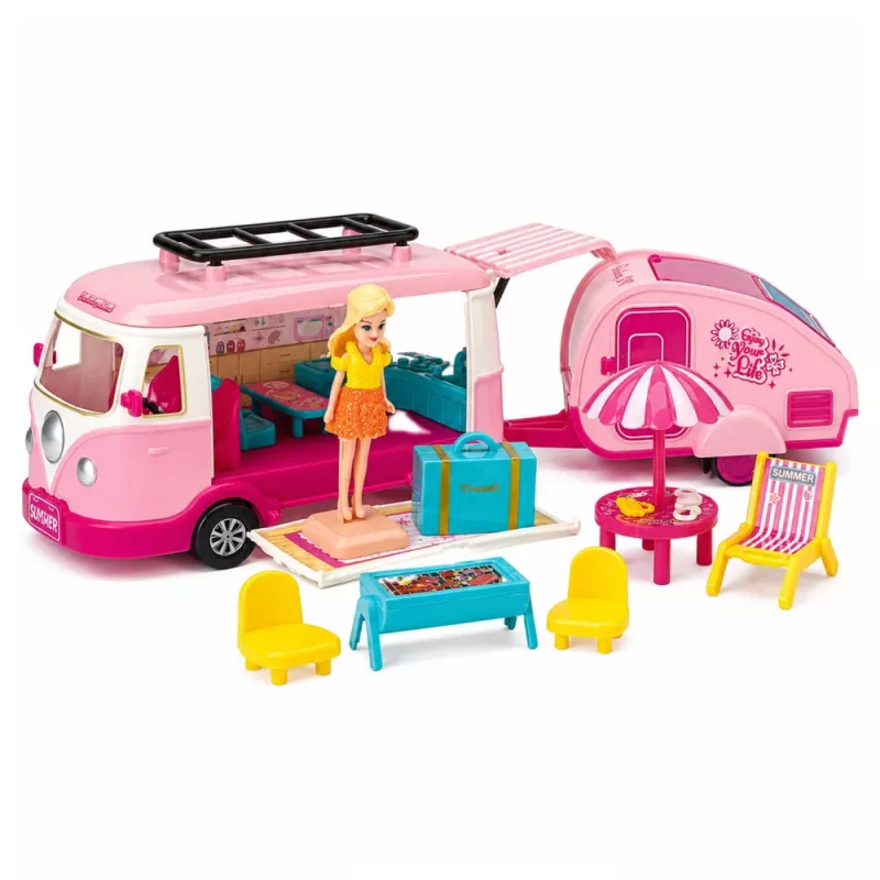 LEAN TOYS matkailusarja asuntoauto perävaunulla nukenkalusteet tarvikkeet pinkki